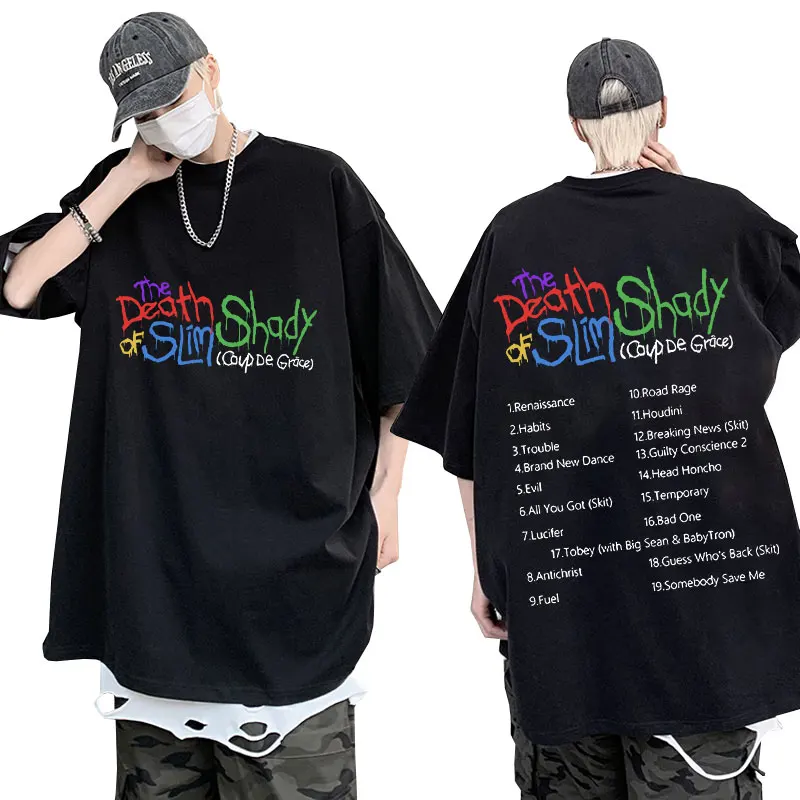 Rapper Eminem The Death of Slim Shady Double Sided Print T-shirt Hip Hop Oversized T Shirt Fashion Casual Cotton Tees Men Women
Rapper Eminem The Death of Slim Shady Double Sided Print T-shirt Hip Hop Oversized T Shirt Fashion Casual Cotton Tees Men Women
