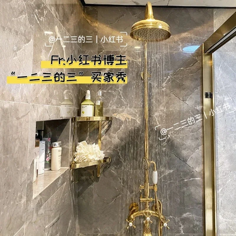 Golden retro shower set hot and cold roses household faucet bath copper European bathroom.
Golden retro shower set hot and cold roses household faucet bath copper European bathroom.