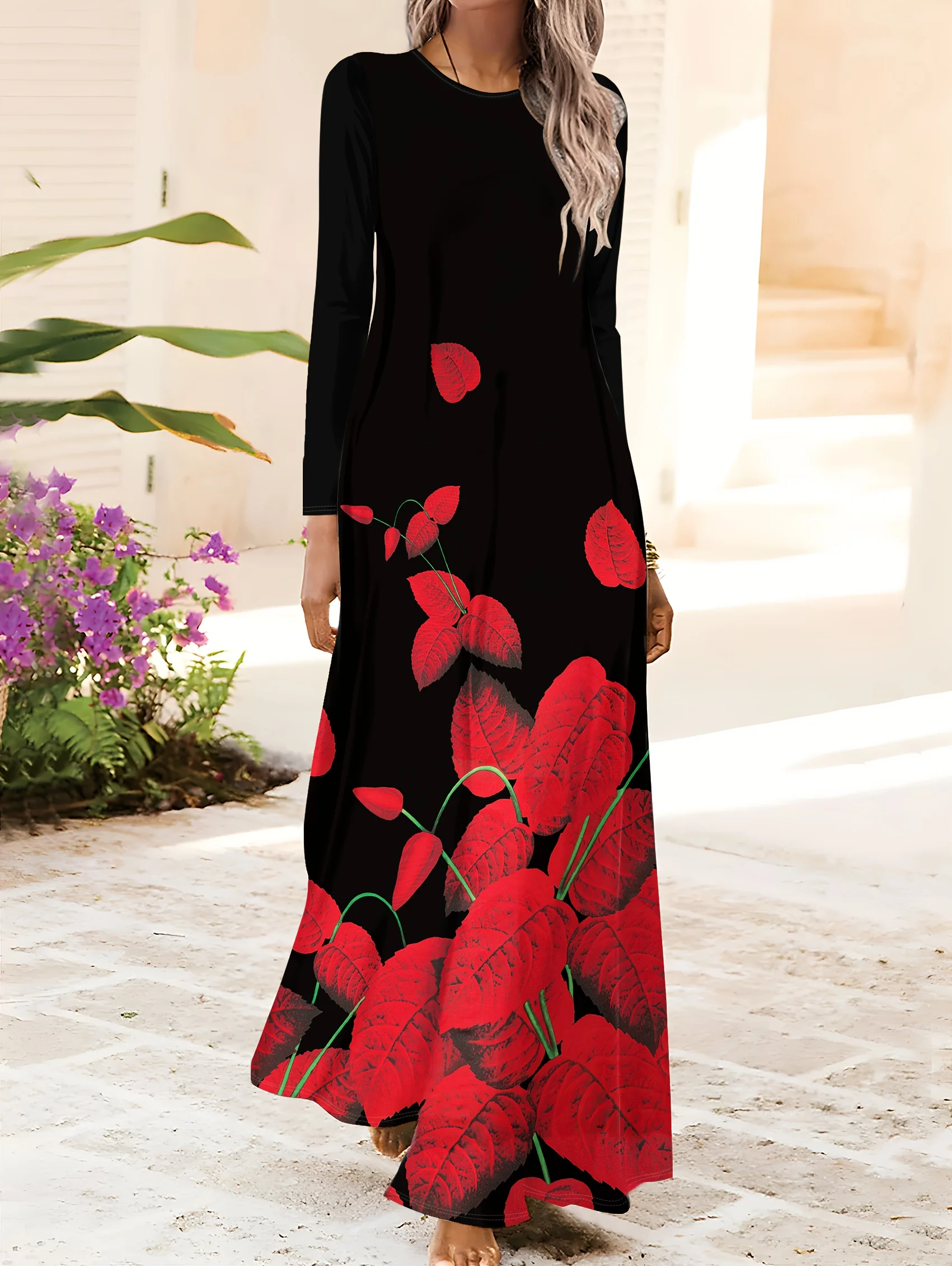 Red Leaf Black Background Printed Vacation Dress for Women Long Sleeve Round Neck Elegant Flowy Midi Dress Summer Casual
Red Leaf Black Background Printed Vacation Dress for Women Long Sleeve Round Neck Elegant Flowy Midi Dress Summer Casual