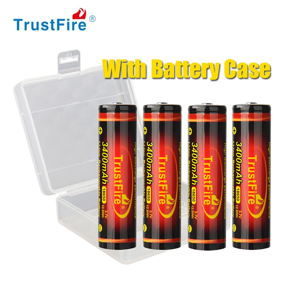Trustfire 4pcs 18650 Batteries 3.7V 3400mAh Lithium Rechargeable Battery with PCB Suitable for Flashlight, with battery case
Trustfire 4pcs 18650 Batteries 3.7V 3400mAh Lithium Rechargeable Battery with PCB Suitable for Flashlight, with battery case