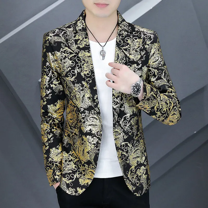 Autumn Mens Slim Fit Suit Jaet Gold Printing Single Breasted Clubwear Long Sve Stand Sle Polyester Fiber Casual Coat
Autumn Mens Slim Fit Suit Jaet Gold Printing Single Breasted Clubwear Long Sve Stand Sle Polyester Fiber Casual Coat