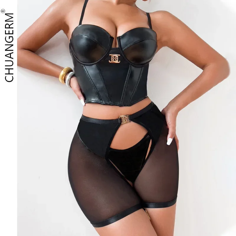 CHUANGERM Erotic PU Lingerie Luxury Tube Top Open Crotch Garter Thong Set Erotic Outfit Underwear Woman Sexy Exotic Intimate Kit
CHUANGERM Erotic PU Lingerie Luxury Tube Top Open Crotch Garter Thong Set Erotic Outfit Underwear Woman Sexy Exotic Intimate Kit
