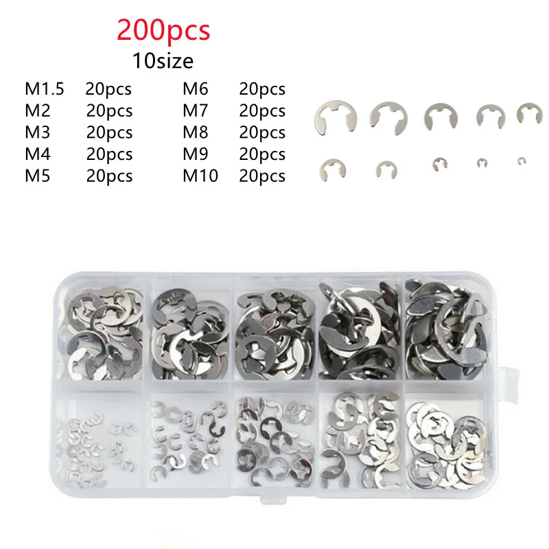 200/360pcs/set Assortment Kit 10 sizes 1.5-10mm 304 Stainless Steel Shaft External Retaining Ring E Clip Snap Circlip Washer
200/360pcs/set Assortment Kit 10 sizes 1.5-10mm 304 Stainless Steel Shaft External Retaining Ring E Clip Snap Circlip Washer