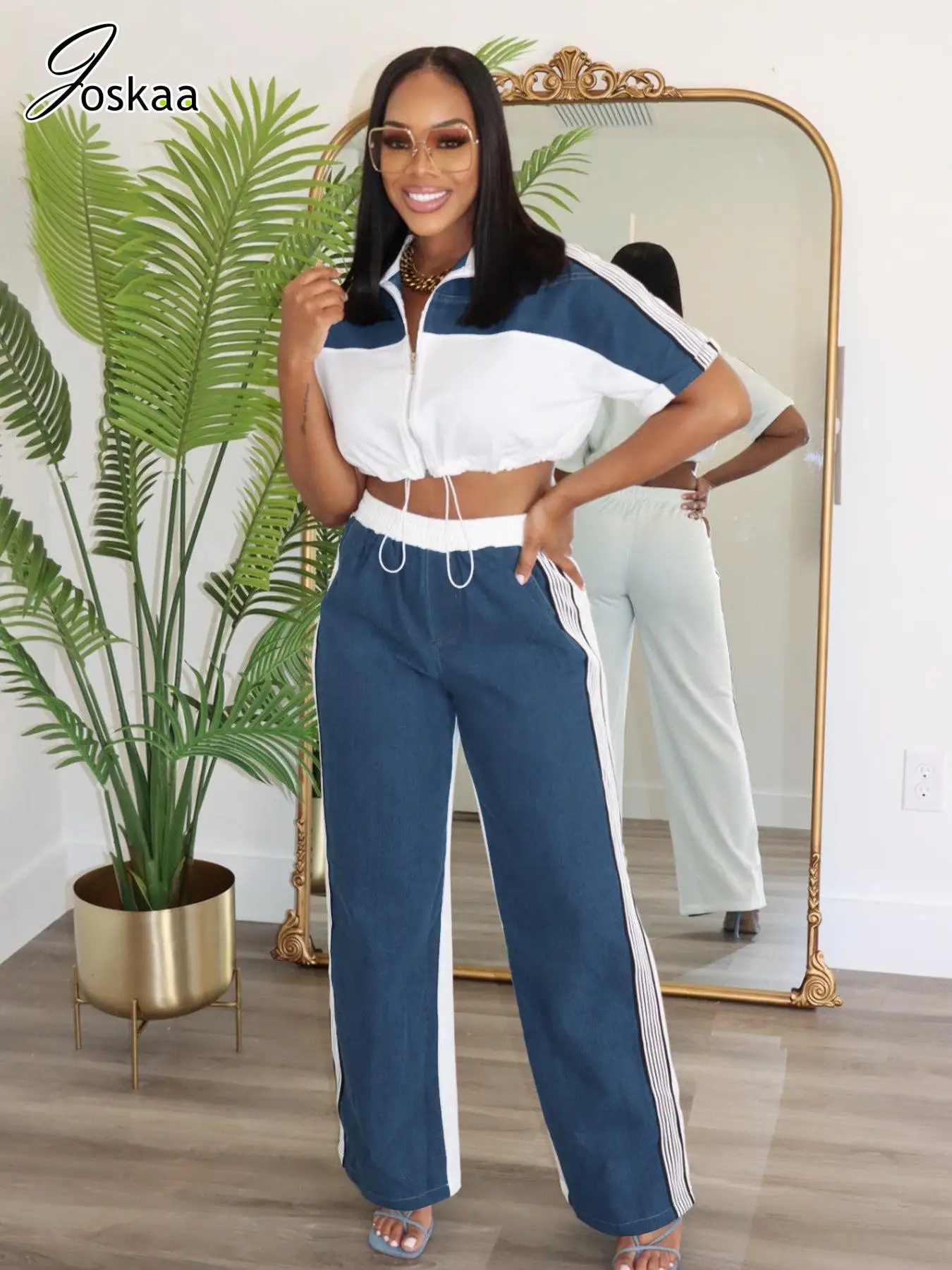 Joskaa Denim Patchwork 2 Piece Sets Women Casual Short Sleeve Zip Drawstring Tops+Wide Leg Pants Matching 2025 Summer Tracksuits
Joskaa Denim Patchwork 2 Piece Sets Women Casual Short Sleeve Zip Drawstring Tops+Wide Leg Pants Matching 2025 Summer Tracksuits