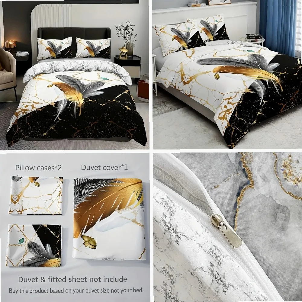 3pcs Fashion Duvet Cover Set Bronzing Marble Feather Print Bedding Set, Soft Comfortable Duvet Cover, For Bedroom, Guest Room
3pcs Fashion Duvet Cover Set Bronzing Marble Feather Print Bedding Set, Soft Comfortable Duvet Cover, For Bedroom, Guest Room
