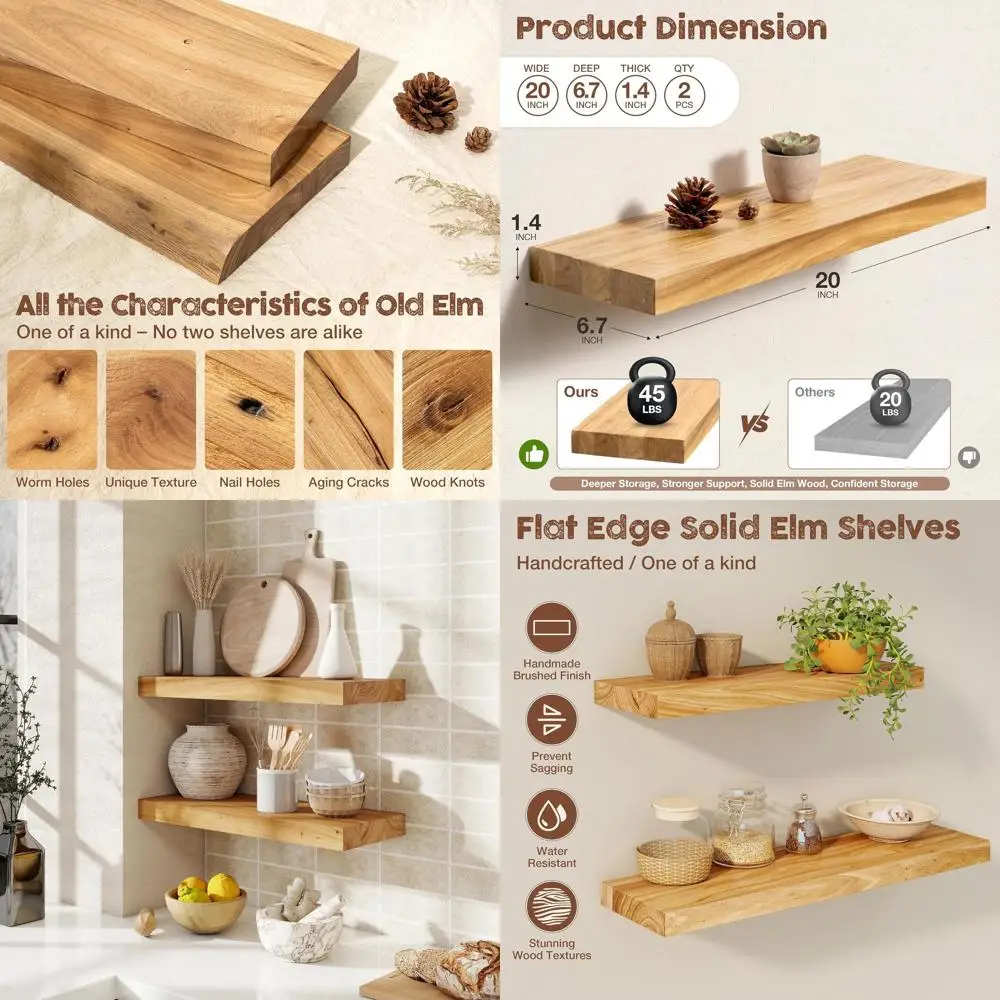 20 Inch Rustic Elm Wood Floating Shelves, 2-Pack, Natural Finish for Living Room, Bedroom, Kitchen, and Bathroom
20 Inch Rustic Elm Wood Floating Shelves, 2-Pack, Natural Finish for Living Room, Bedroom, Kitchen, and Bathroom