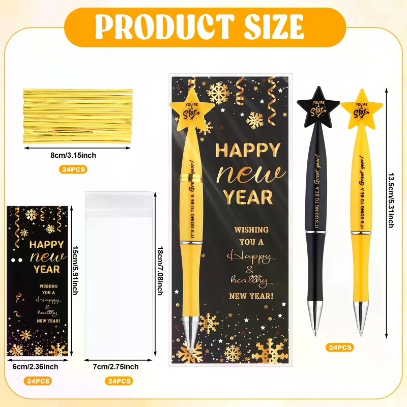 24Sets Happy New Year Gifts Include Star Pens Blessing Cards You're a Star Ballpoint Pen with Tie Opp Bag for Employee Coworkers
24Sets Happy New Year Gifts Include Star Pens Blessing Cards You're a Star Ballpoint Pen with Tie Opp Bag for Employee Coworkers