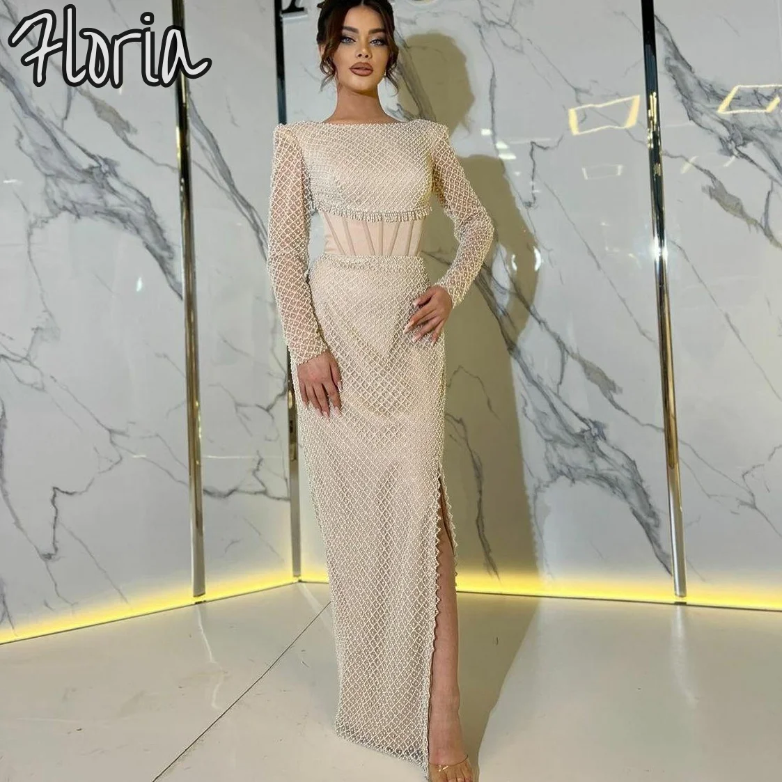 Elegant Simple Champagne Dubai Muslim Formal Prom Dresses Beaded Long Sleeves Corset Evening Party Dress With Slit
Elegant Simple Champagne Dubai Muslim Formal Prom Dresses Beaded Long Sleeves Corset Evening Party Dress With Slit