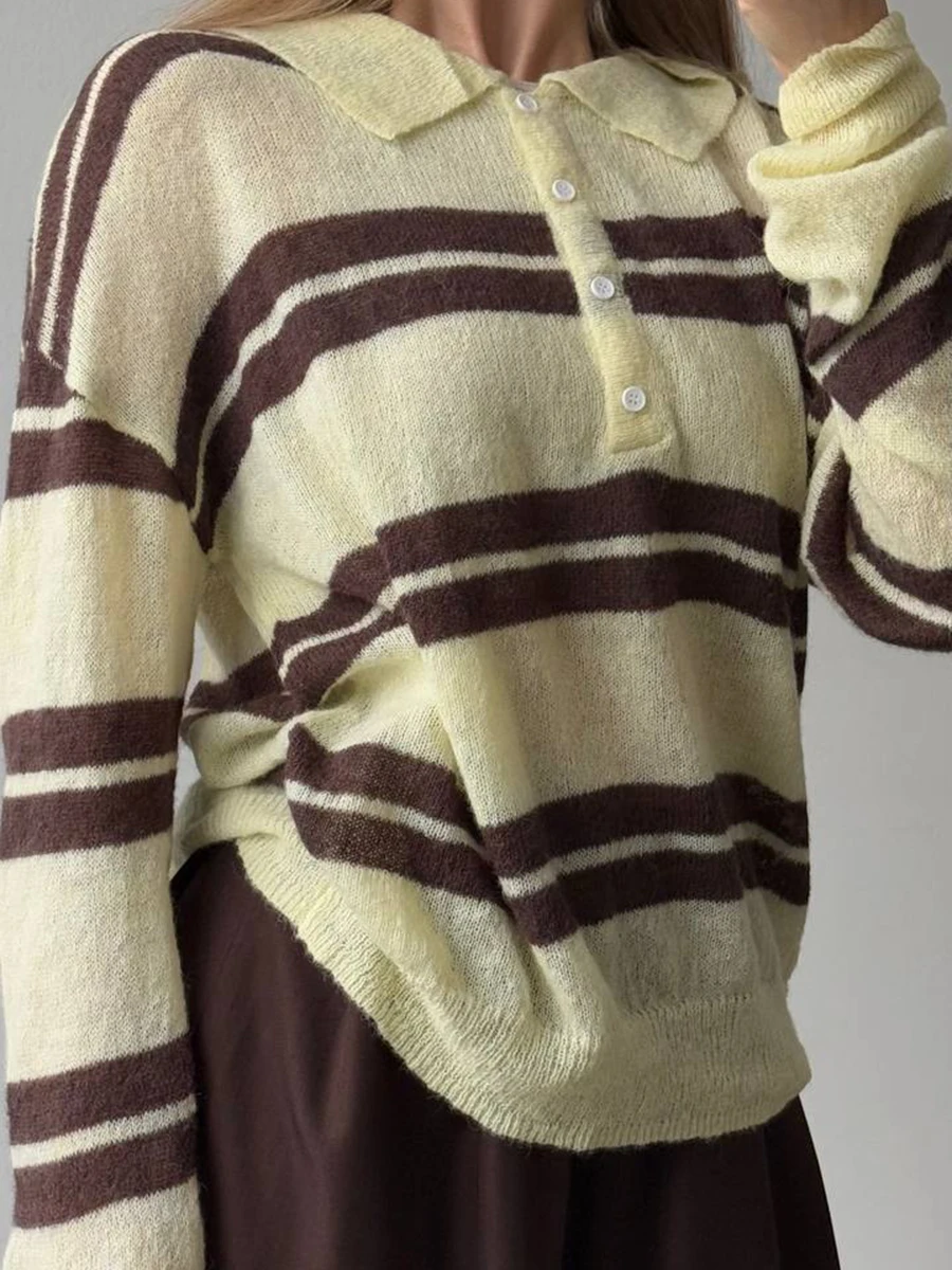 Vintage Striped Knitted Long Sleeve T-shirt Women Buttons Turndown Collar Sweater Tee Shirts Autumn New Loose Casual Fashion Top
Vintage Striped Knitted Long Sleeve T-shirt Women Buttons Turndown Collar Sweater Tee Shirts Autumn New Loose Casual Fashion Top