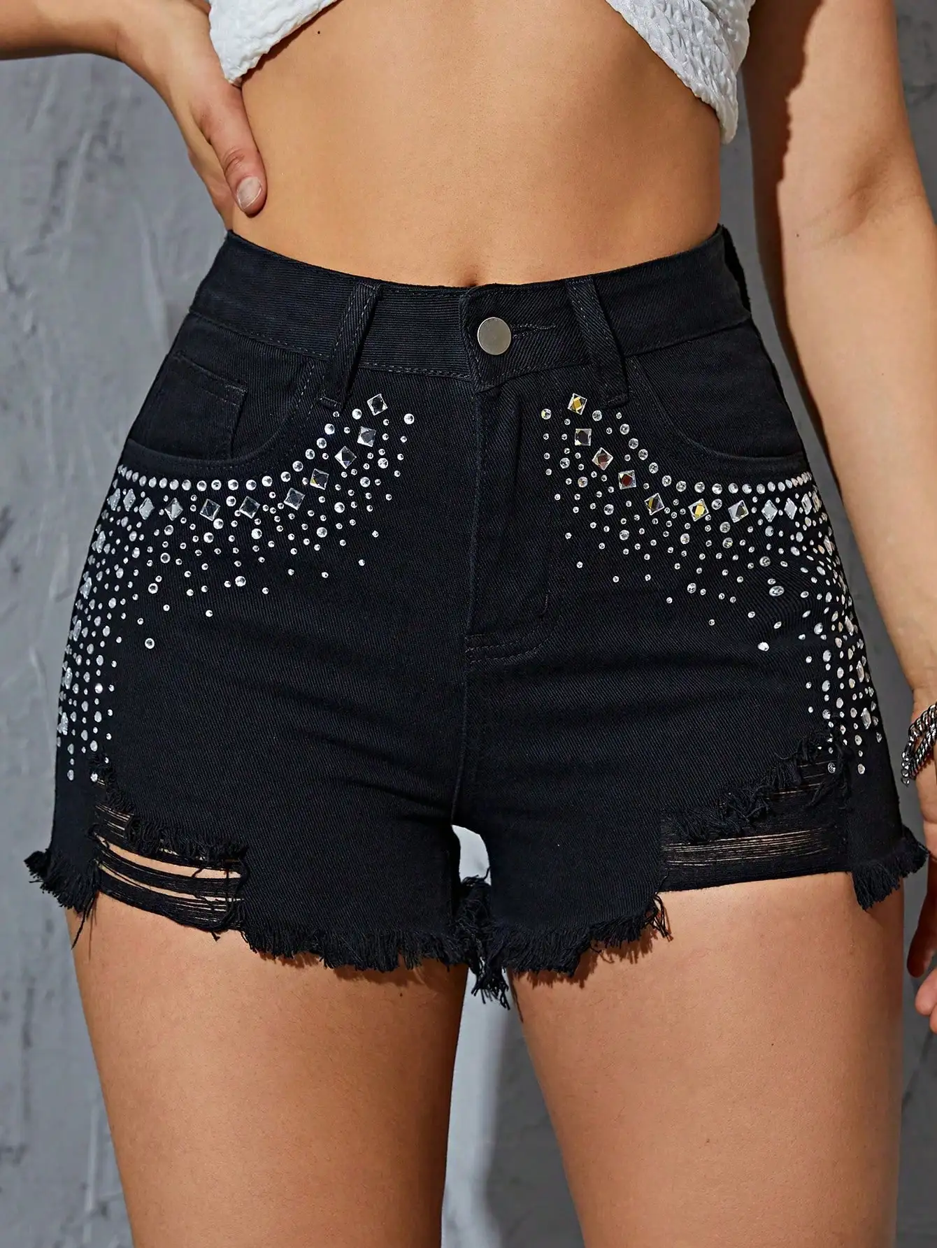 WGXWGX Women's High-Waisted Rhinestone Embellished Denim Shorts Trendy Glitter Party Style Cotton Blend Distressed 2025 Fashion
WGXWGX Women's High-Waisted Rhinestone Embellished Denim Shorts Trendy Glitter Party Style Cotton Blend Distressed 2025 Fashion