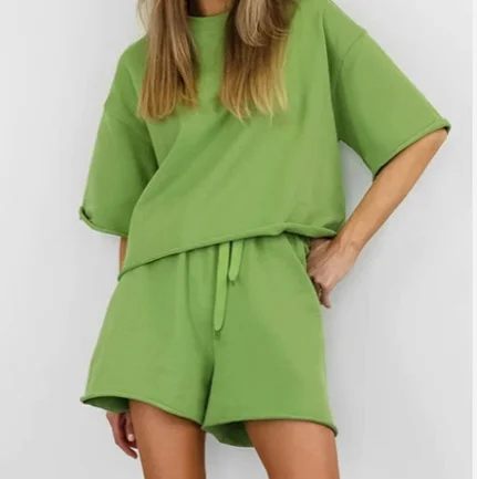 Solid Color Round Neck Short Sleeved T-Shirt Top and Straight Shorts Set for Women's Summer Casual Solid Color Sports Daily Set
Solid Color Round Neck Short Sleeved T-Shirt Top and Straight Shorts Set for Women's Summer Casual Solid Color Sports Daily Set