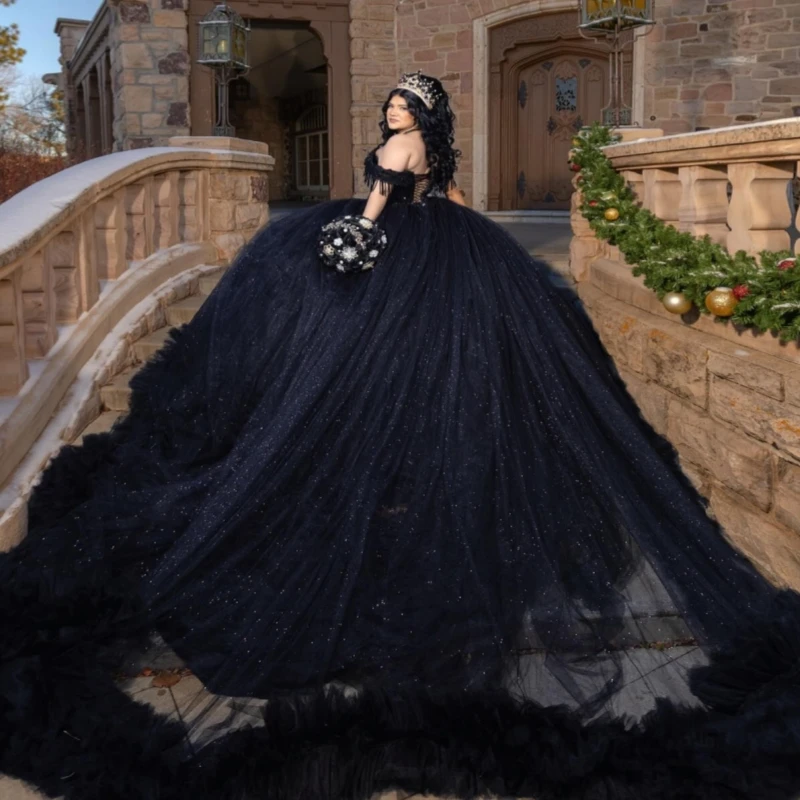 Black Shiny Quinceanera Dresses Ball Gown Off The Shoulder Applique Beading Crystal Tiered Tull Corset Party Birthday Sweet 16
Black Shiny Quinceanera Dresses Ball Gown Off The Shoulder Applique Beading Crystal Tiered Tull Corset Party Birthday Sweet 16