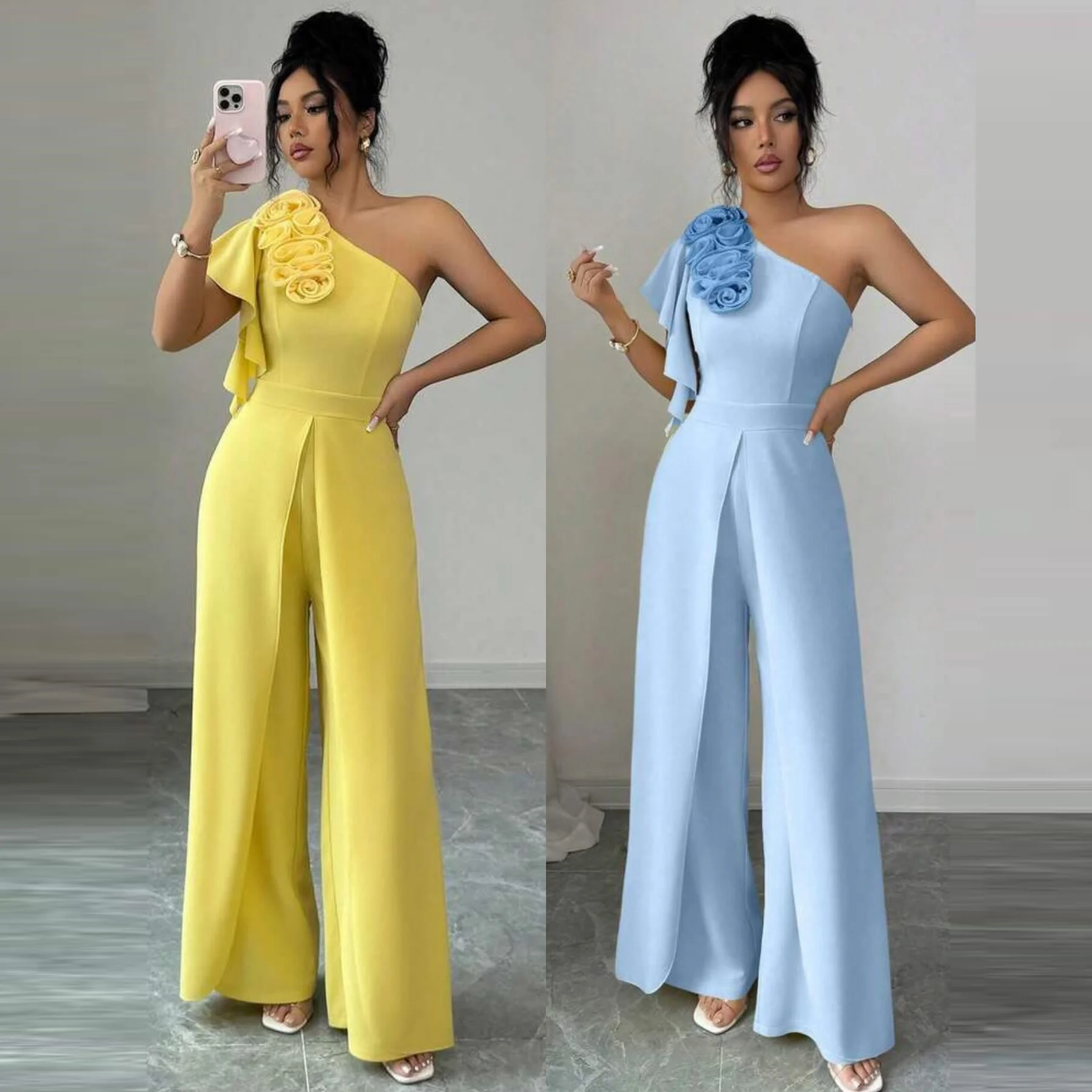 One Shoulder Floral Ruffle Jumpsuit - Wide Leg Formal Pantsuit with 3D Flower Detail for Women Party Wedding Guest
One Shoulder Floral Ruffle Jumpsuit - Wide Leg Formal Pantsuit with 3D Flower Detail for Women Party Wedding Guest