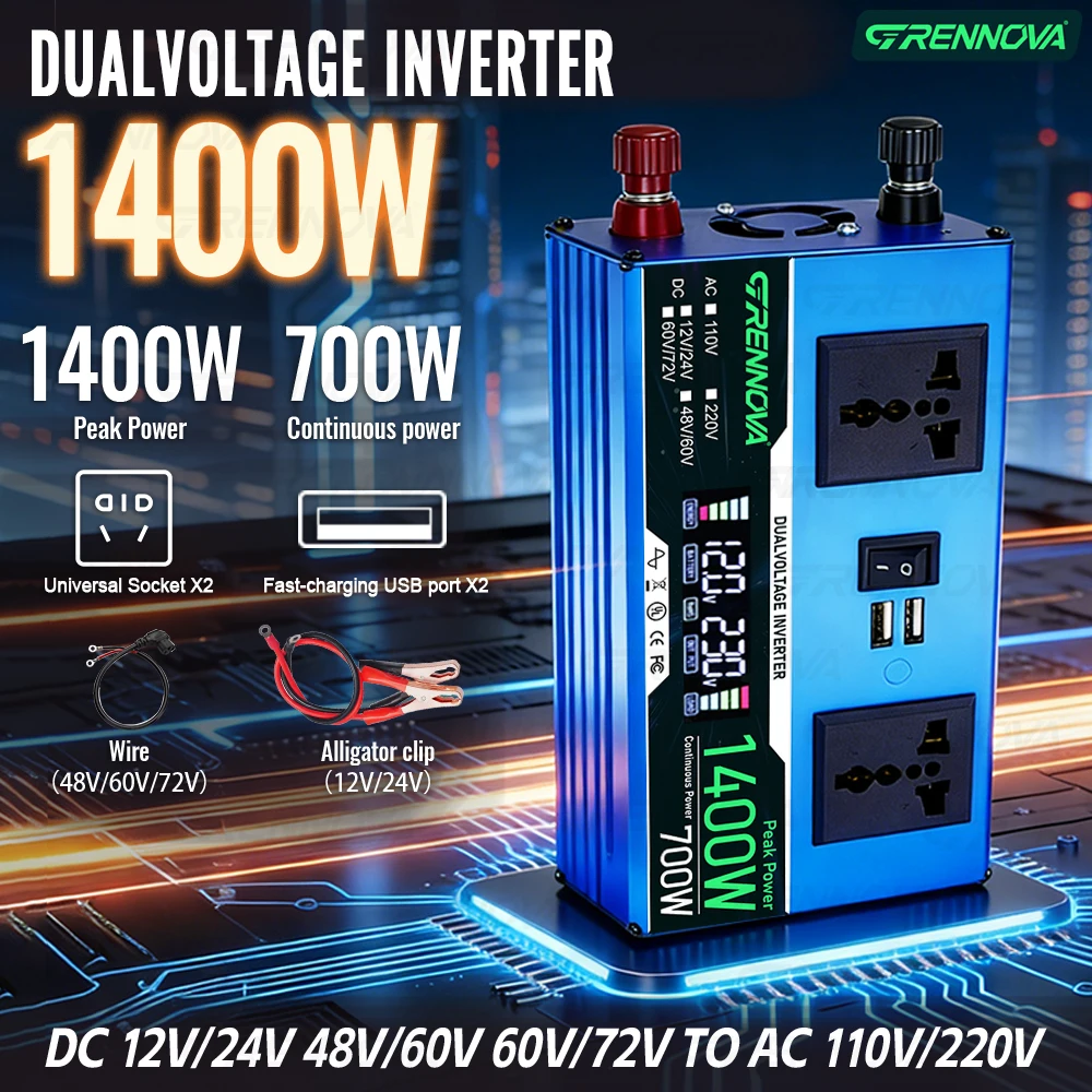 Car RV Power Inverter 1400W Peak (700W Rated) Powers TV & Laptop Multi-Voltage DC 12/24V 48/60V 60/72V to AC 110V 60Hz 220V 50Hz
Car RV Power Inverter 1400W Peak (700W Rated) Powers TV & Laptop Multi-Voltage DC 12/24V 48/60V 60/72V to AC 110V 60Hz 220V 50Hz