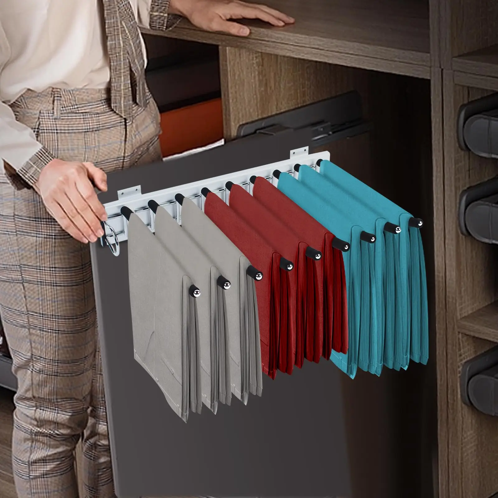 Wardrobe Pull Out Trousers Rack 9 Arms Steel Pants Rack Closet Pants Organizers Top Mounted Trousers Rack Space Saving for Cloak
Wardrobe Pull Out Trousers Rack 9 Arms Steel Pants Rack Closet Pants Organizers Top Mounted Trousers Rack Space Saving for Cloak