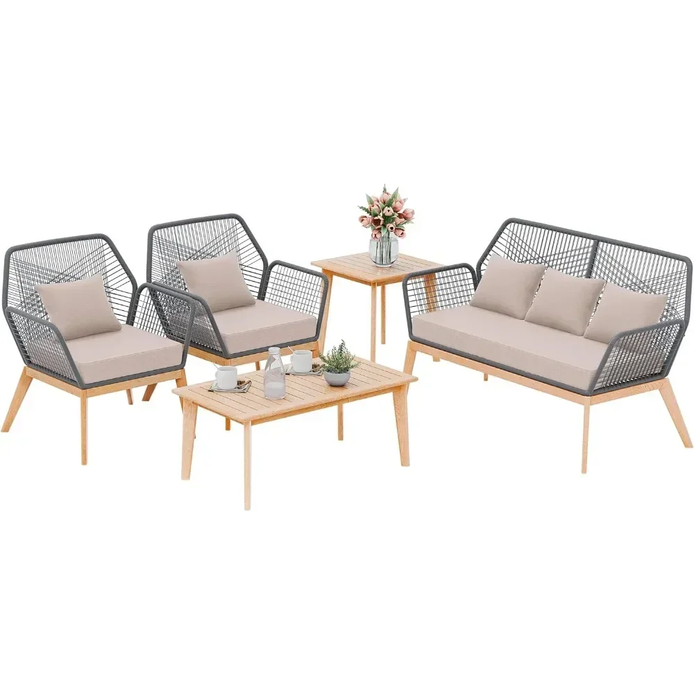 Outdoor Patio Furniture Set, 5 Pieces Indoor Rope Woven Sectional Sofa Set Modern Oak Patio Conversation Sets with Wooden Table
Outdoor Patio Furniture Set, 5 Pieces Indoor Rope Woven Sectional Sofa Set Modern Oak Patio Conversation Sets with Wooden Table
