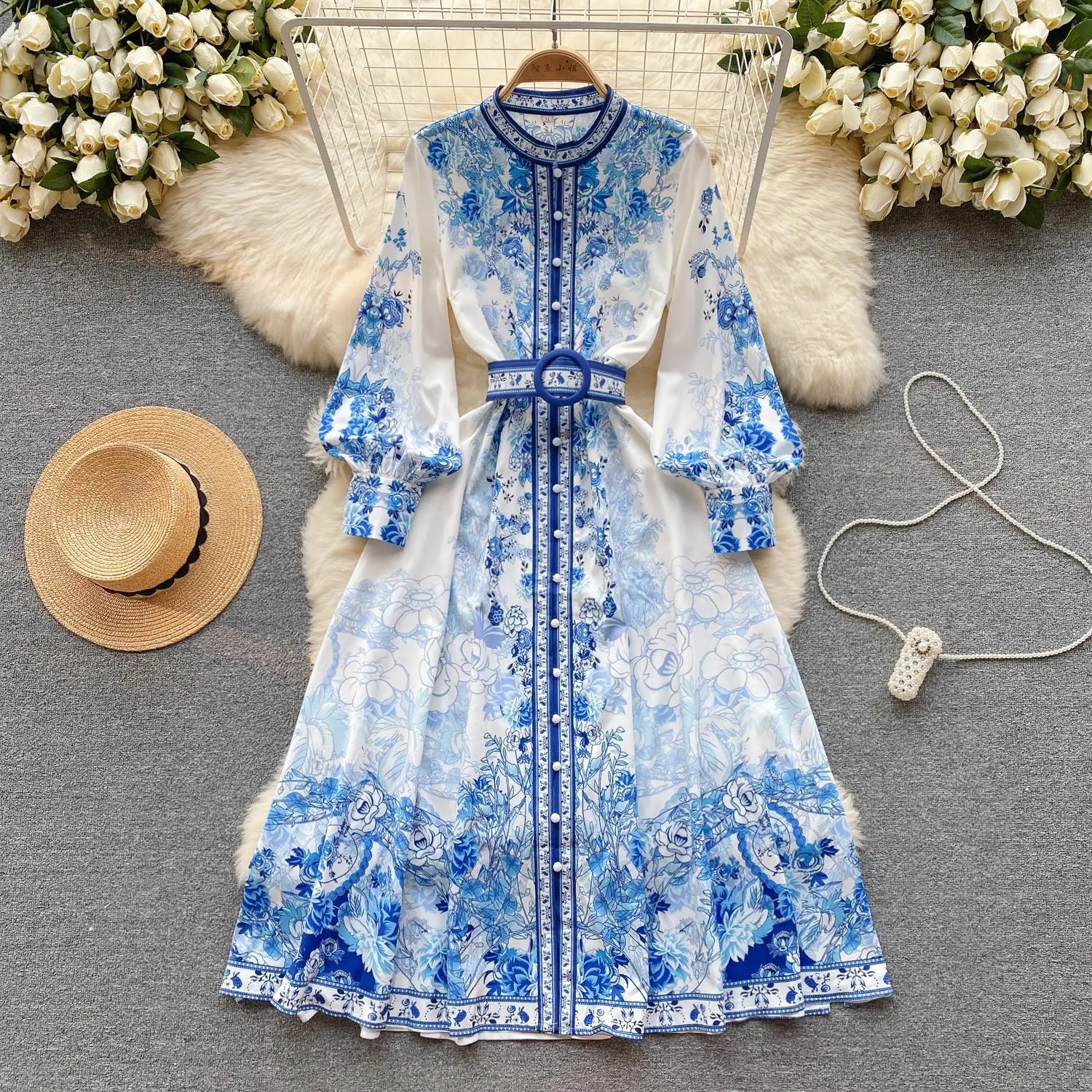 Women's Stand Collar Vintage Midi Shirt Dress Spring Runway Long Lantern Sleeve Flower Print Belt Office Work Vestidos 2353
Women's Stand Collar Vintage Midi Shirt Dress Spring Runway Long Lantern Sleeve Flower Print Belt Office Work Vestidos 2353