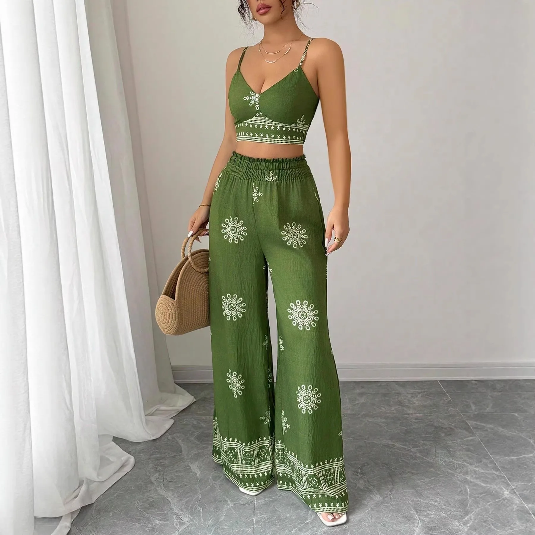 2 Piece Set Women Pants Printed Trousers Crop Top Spaghetti Strap Long Pants High Waist Floral Motif Wide Leg Pants Green
2 Piece Set Women Pants Printed Trousers Crop Top Spaghetti Strap Long Pants High Waist Floral Motif Wide Leg Pants Green