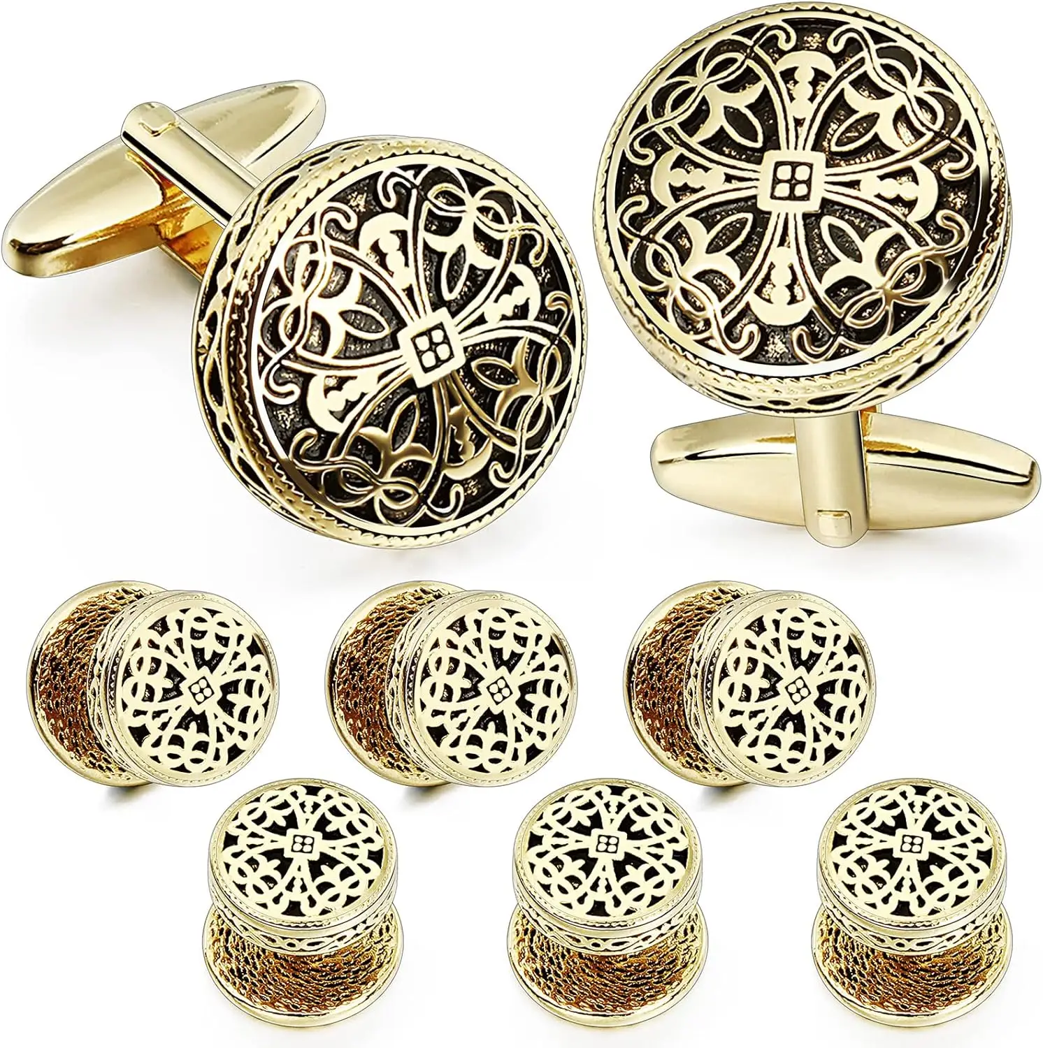 Gold Cufflinks & Tuxedo Studs Set for Men with Gift Box, Perfect for Black Suit, White Shirt, Bow Tie, Vest, Wedding, Birthday, Anniversary, Father's Day
Gold Cufflinks & Tuxedo Studs Set for Men with Gift Box, Perfect for Black Suit, White Shirt, Bow Tie, Vest, Wedding, Birthday, Anniversary, Father's Day
