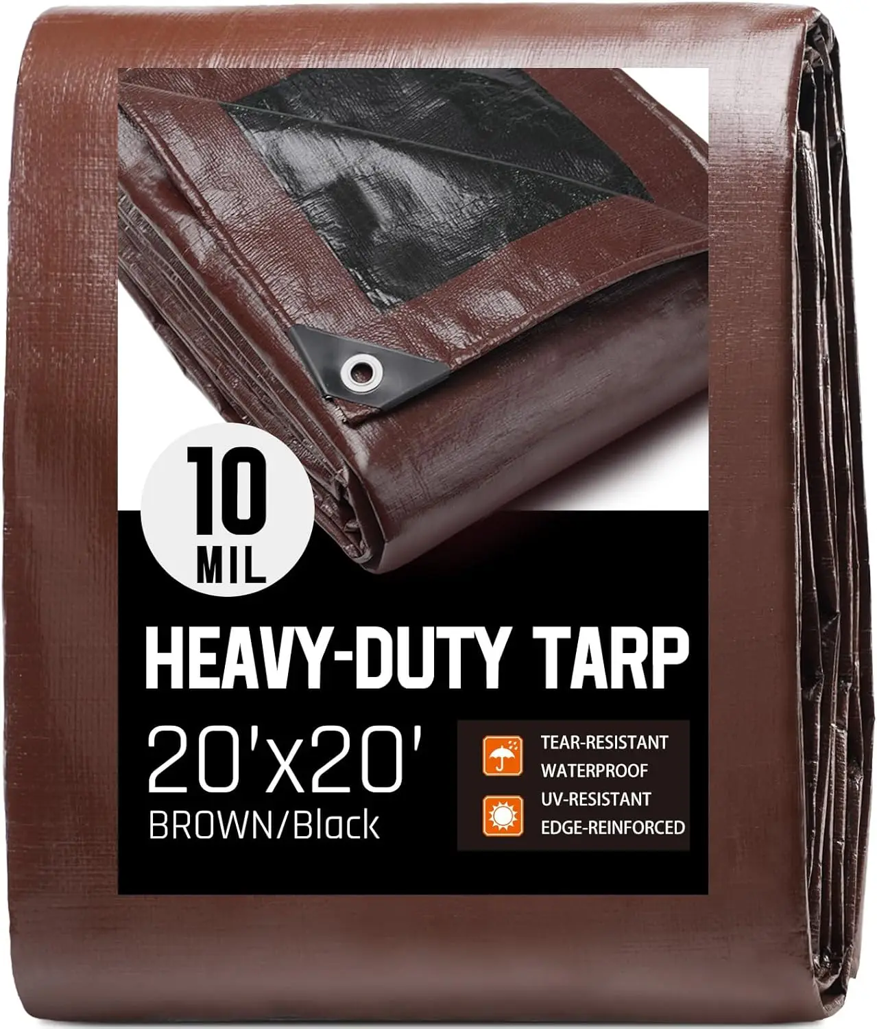 20x20 FT Heavy Duty Waterproof Tarp, 10 Mil Thick, Multi-Use for Camping, Patio, Boat, Pool Cover, Brown/Black
20x20 FT Heavy Duty Waterproof Tarp, 10 Mil Thick, Multi-Use for Camping, Patio, Boat, Pool Cover, Brown/Black