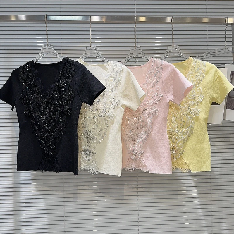 2025 Summer New Small Fragrant Style V-neck Bead Lace Embroidered Heavy duty Knitted Shirt Fashion Short Sleeve T-shirt
2025 Summer New Small Fragrant Style V-neck Bead Lace Embroidered Heavy duty Knitted Shirt Fashion Short Sleeve T-shirt