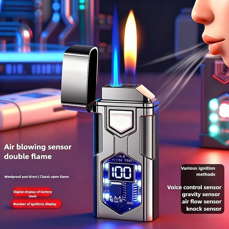 Новая умная индукционная бутановая газовая зажигалка с голосовым управлением, двумя пламенными ветрозащитными фонарями, сигаретные зажигалки, аксессуары для сигарет
Новая умная индукционная бутановая газовая зажигалка с голосовым управлением, двумя пламенными ветрозащитными фонарями, сигаретные зажигалки, аксессуары для сигарет