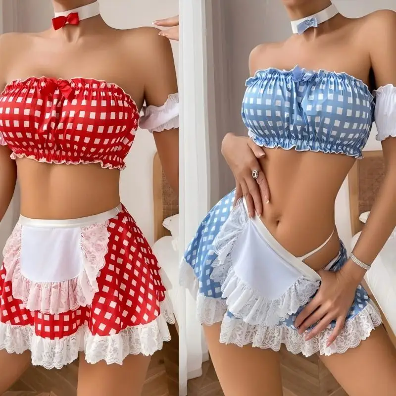2025 Hot Women's School Girl Lingerie Outfits Exotic Costumes Babydoll Erotic Plaid Tube Tops + Thong + Skirt + Choker Set 
2025 Hot Women's School Girl Lingerie Outfits Exotic Costumes Babydoll Erotic Plaid Tube Tops + Thong + Skirt + Choker Set