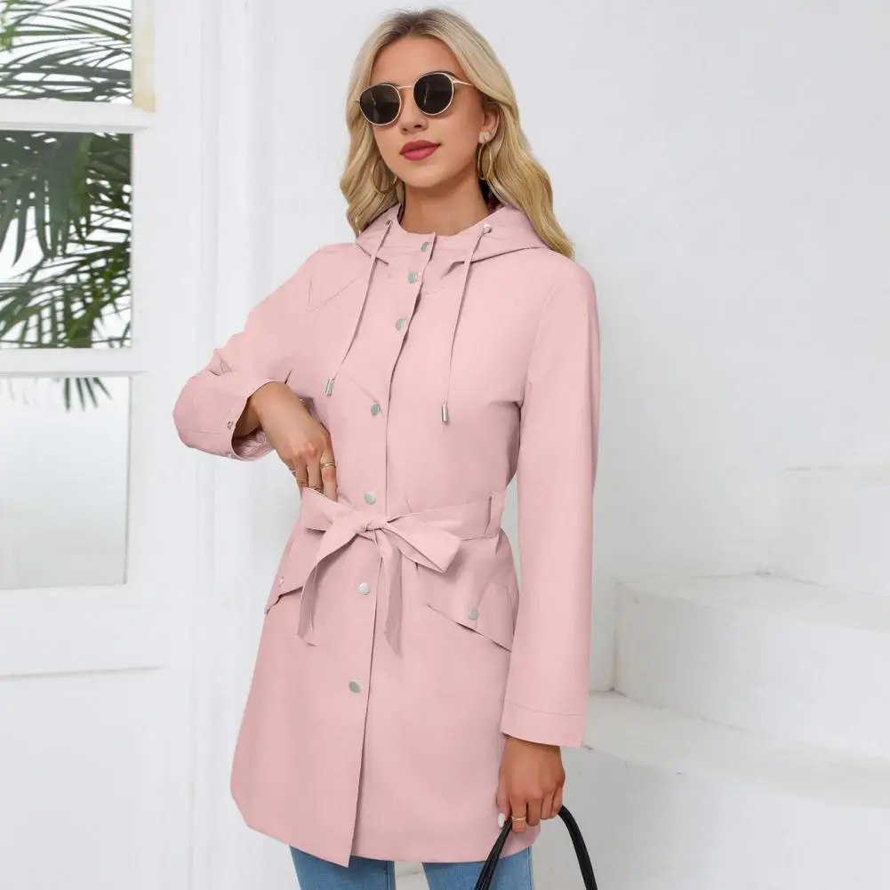 Повседневная женская ветровка, женская однотонная куртка, стильный женский плащ на шнуровке с капюшоном, узкая талия для улицы 
Повседневная женская ветровка, женская однотонная куртка, стильный женский плащ на шнуровке с капюшоном, узкая талия для улицы