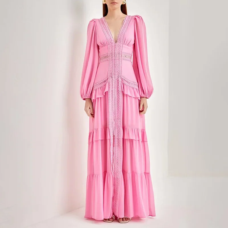 Vacation Style Long Sleeved Solid Color Slit Dress 3 Colorful Autumn New Deep V-neck Lace Hollowed Out Patchwork
Vacation Style Long Sleeved Solid Color Slit Dress 3 Colorful Autumn New Deep V-neck Lace Hollowed Out Patchwork