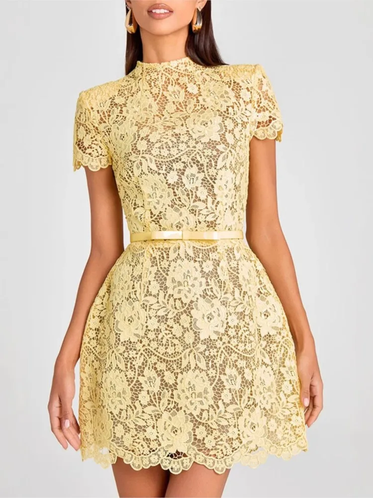 Lace Dress For Woman Foreign Style Fashion O-neck Waist-cinching Mini Yellow Dresses Ladies Summer Elegant Party Prom Vestidos
Lace Dress For Woman Foreign Style Fashion O-neck Waist-cinching Mini Yellow Dresses Ladies Summer Elegant Party Prom Vestidos