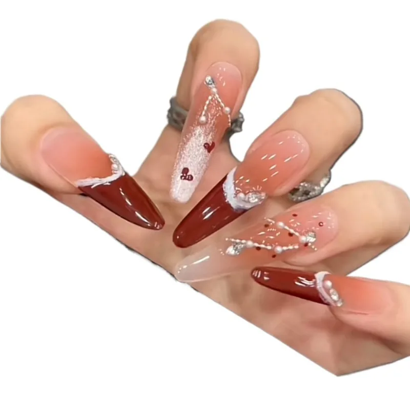 *Christmas gradual change red French beveled diamond pearl chain pure hand-worn nail patch
*Christmas gradual change red French beveled diamond pearl chain pure hand-worn nail patch
