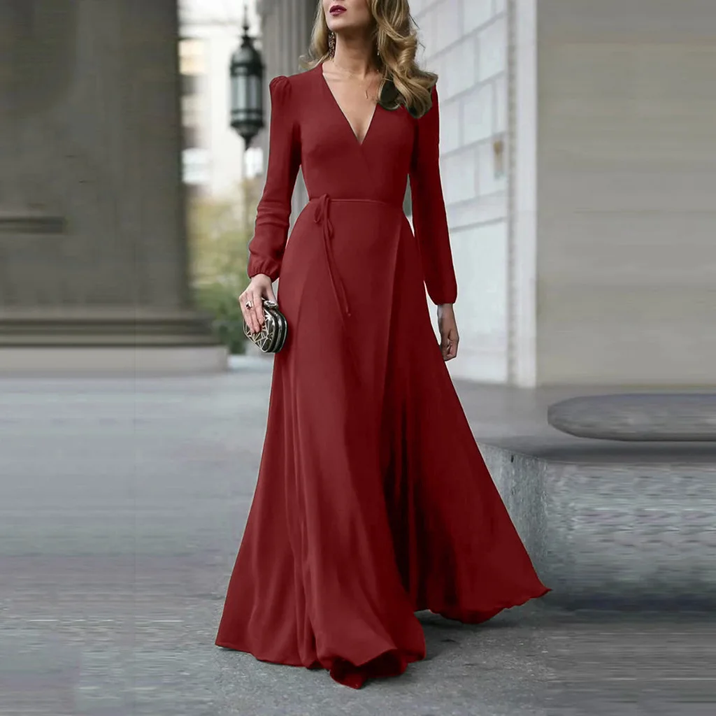 Elegant Solid Color Dress Autumn Casual Deep V-neck Long Sleeves High Waist A-line Big Hem Long Dress Fashion All-match Vestido
Elegant Solid Color Dress Autumn Casual Deep V-neck Long Sleeves High Waist A-line Big Hem Long Dress Fashion All-match Vestido