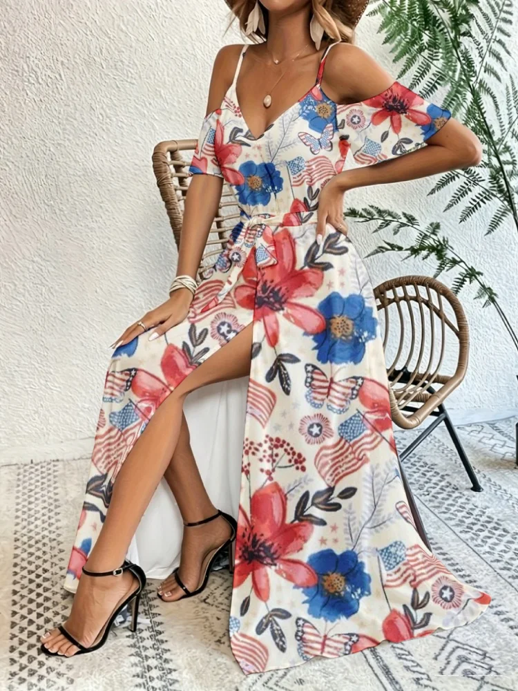 Plus Size Women's Cold Shoulder Maxi Dress Patriotic Floral Print Spaghetti Strap V Neck Short Sleeve Belted High Slit Sundress
Plus Size Women's Cold Shoulder Maxi Dress Patriotic Floral Print Spaghetti Strap V Neck Short Sleeve Belted High Slit Sundress