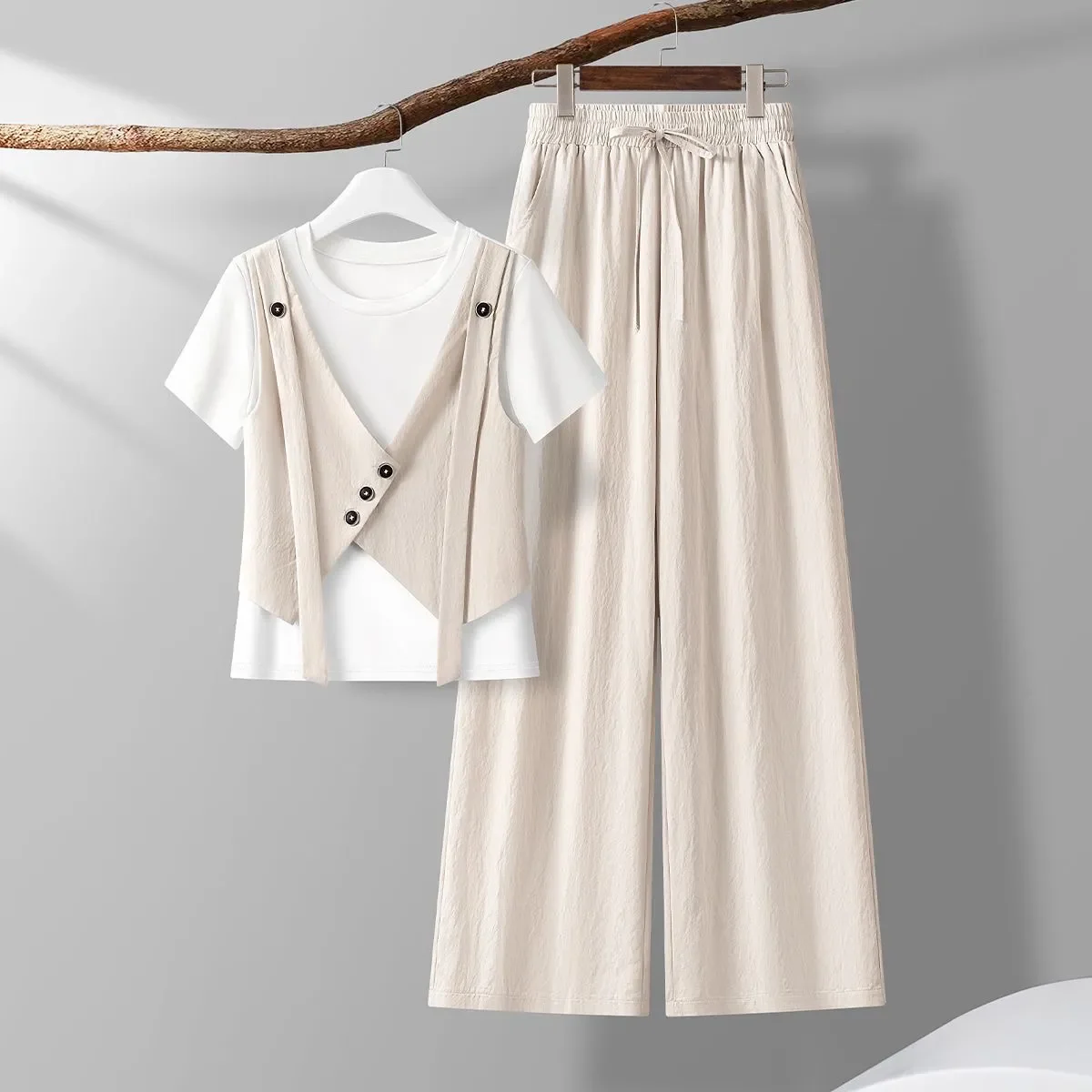 Fake Two Piece T-shirt Casual Pants Fashion Set for Women Summer 2026 New Style Elegant Two Piece Set
Fake Two Piece T-shirt Casual Pants Fashion Set for Women Summer 2026 New Style Elegant Two Piece Set
