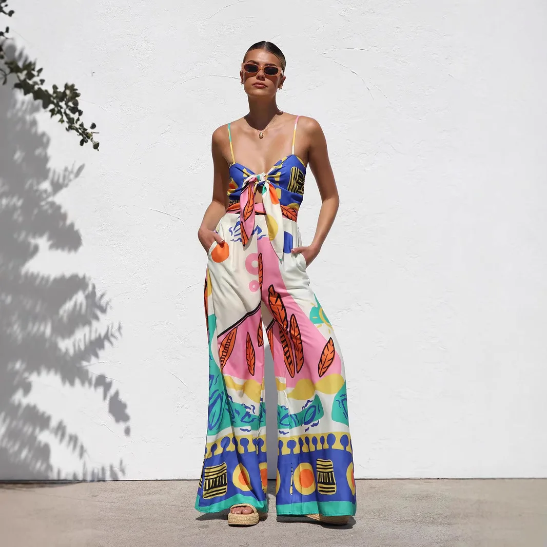 Beach Style Camisole Jumpsuit Waist Hugging Camisole Skirt Bow Tie Wide Leg Pants Vacation Jumpsuit Women's Rompers Dresses
Beach Style Camisole Jumpsuit Waist Hugging Camisole Skirt Bow Tie Wide Leg Pants Vacation Jumpsuit Women's Rompers Dresses