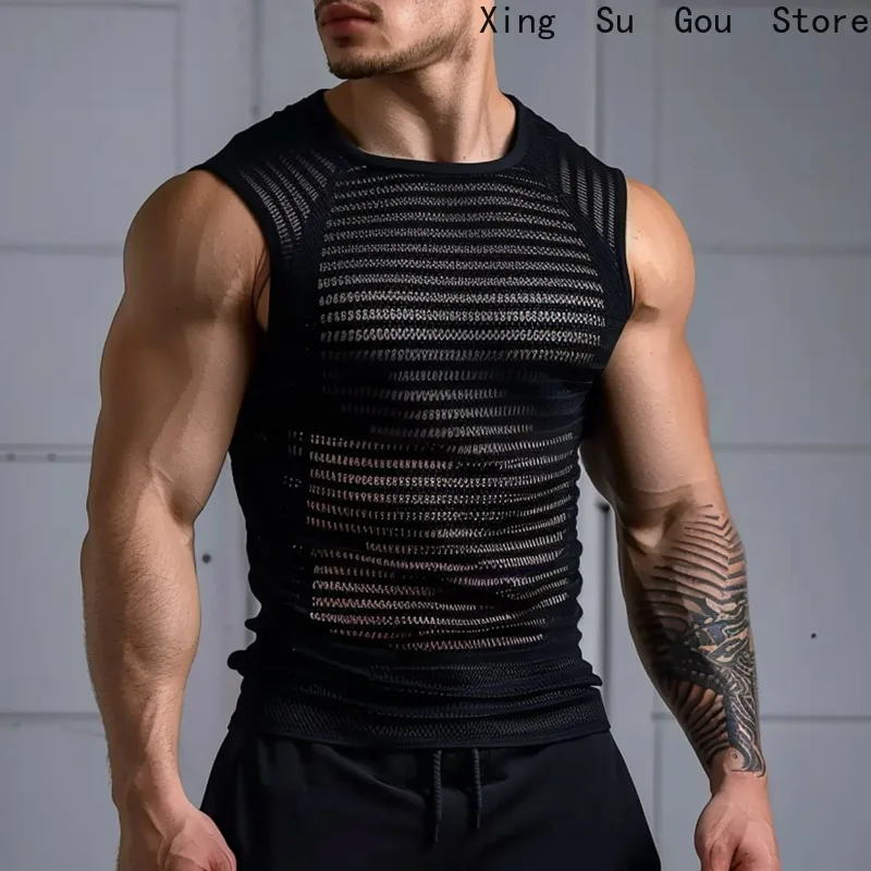 Men's Pure Black Sexy Micro Perspective Vest T-shirt Men's Summer Bright Striped Mesh Casual Sleeveless Vest
Men's Pure Black Sexy Micro Perspective Vest T-shirt Men's Summer Bright Striped Mesh Casual Sleeveless Vest