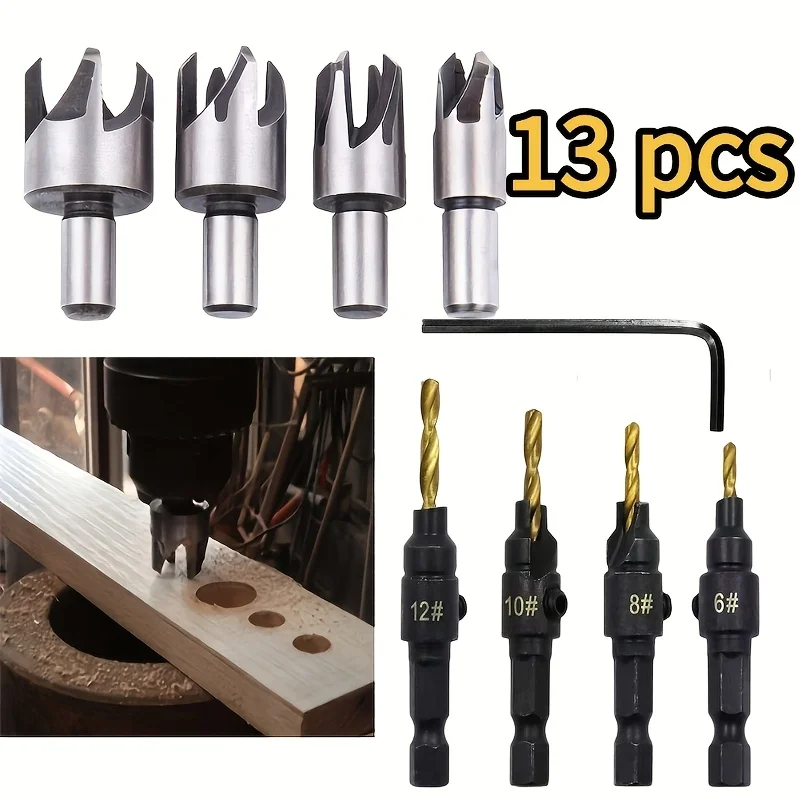 13Pcs Woodworking Drill Bit Set Countersink Drill Bits Wood Plug Hole Cutter Dowel Maker with Hex Wrench for Wood DIY
13Pcs Woodworking Drill Bit Set Countersink Drill Bits Wood Plug Hole Cutter Dowel Maker with Hex Wrench for Wood DIY