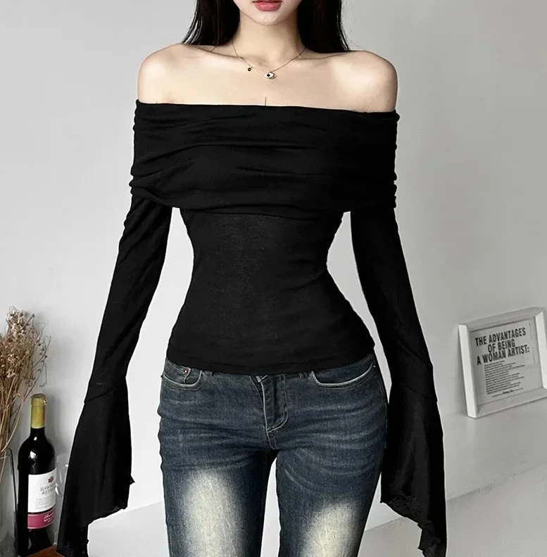 Aesthetic Simple Fashion Women's Tee Shirts Slash Neck Long Sleeve Solid Casual T-Shirts Vintage Off Shoulder Trendy Tshirts
Aesthetic Simple Fashion Women's Tee Shirts Slash Neck Long Sleeve Solid Casual T-Shirts Vintage Off Shoulder Trendy Tshirts