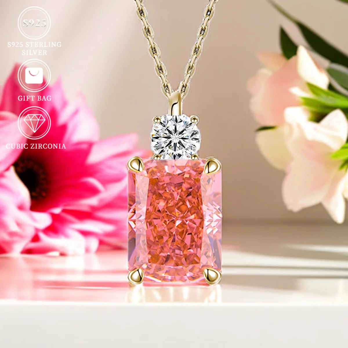 S925 sterling silver Rectangular Ice Cutting Padparadscha Cubic zircon High-carbon diamond pendant necklace Fine jewelry women
S925 sterling silver Rectangular Ice Cutting Padparadscha Cubic zircon High-carbon diamond pendant necklace Fine jewelry women