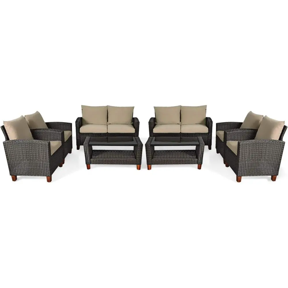 8-Piece Outdoor Rattan Furniture Set with Cushions and Glass Coffee Table for Patio, Porch, Poolside, or Garden
8-Piece Outdoor Rattan Furniture Set with Cushions and Glass Coffee Table for Patio, Porch, Poolside, or Garden