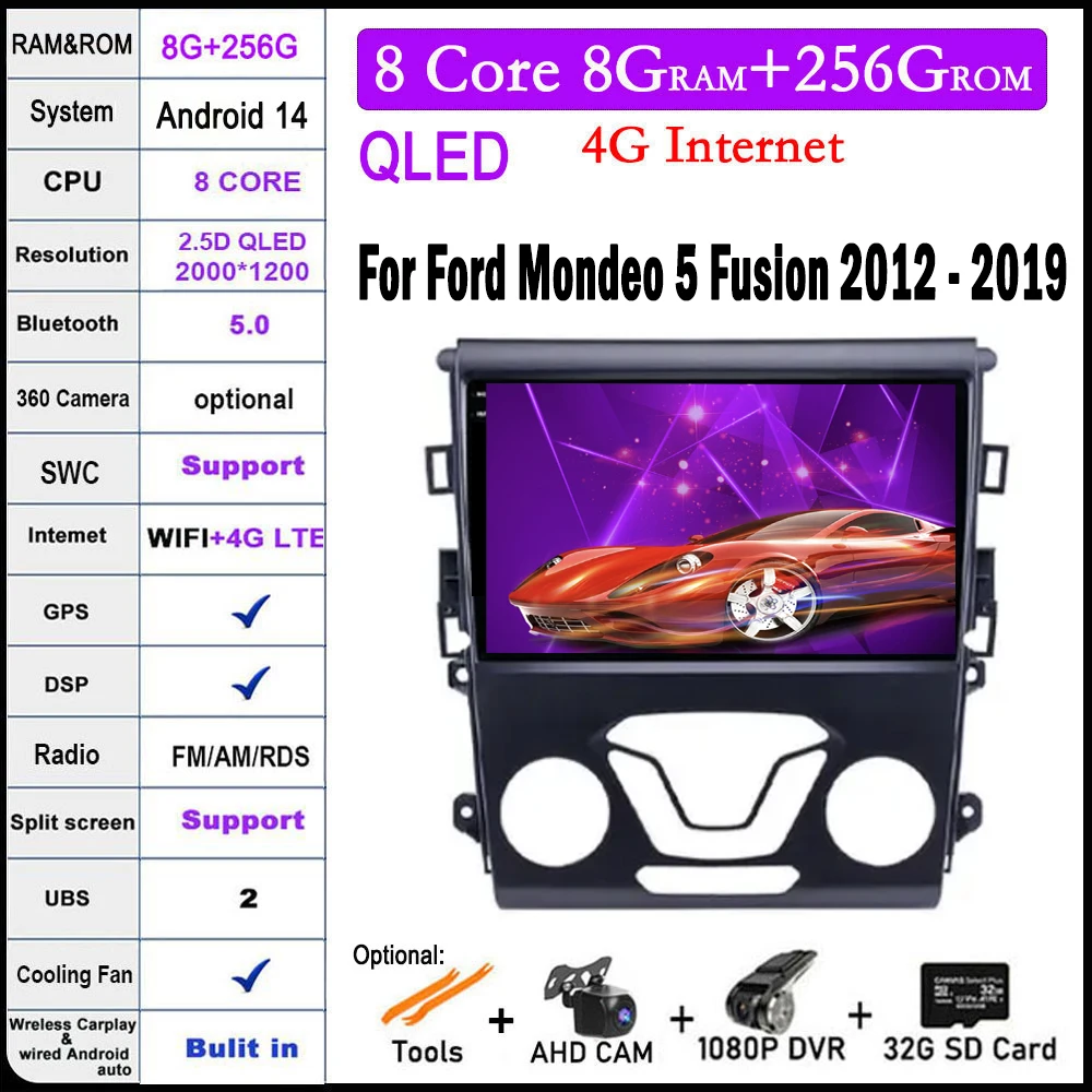 9-дюймовый Android 14 головное устройство для Ford Mondeo 5 Fusion 2012 - 2019 сенсорный экран автомобильный радиоплеер GPS Мультимедийная деталь 4G Lte 
9-дюймовый Android 14 головное устройство для Ford Mondeo 5 Fusion 2012 - 2019 сенсорный экран автомобильный радиоплеер GPS Мультимедийная деталь 4G Lte