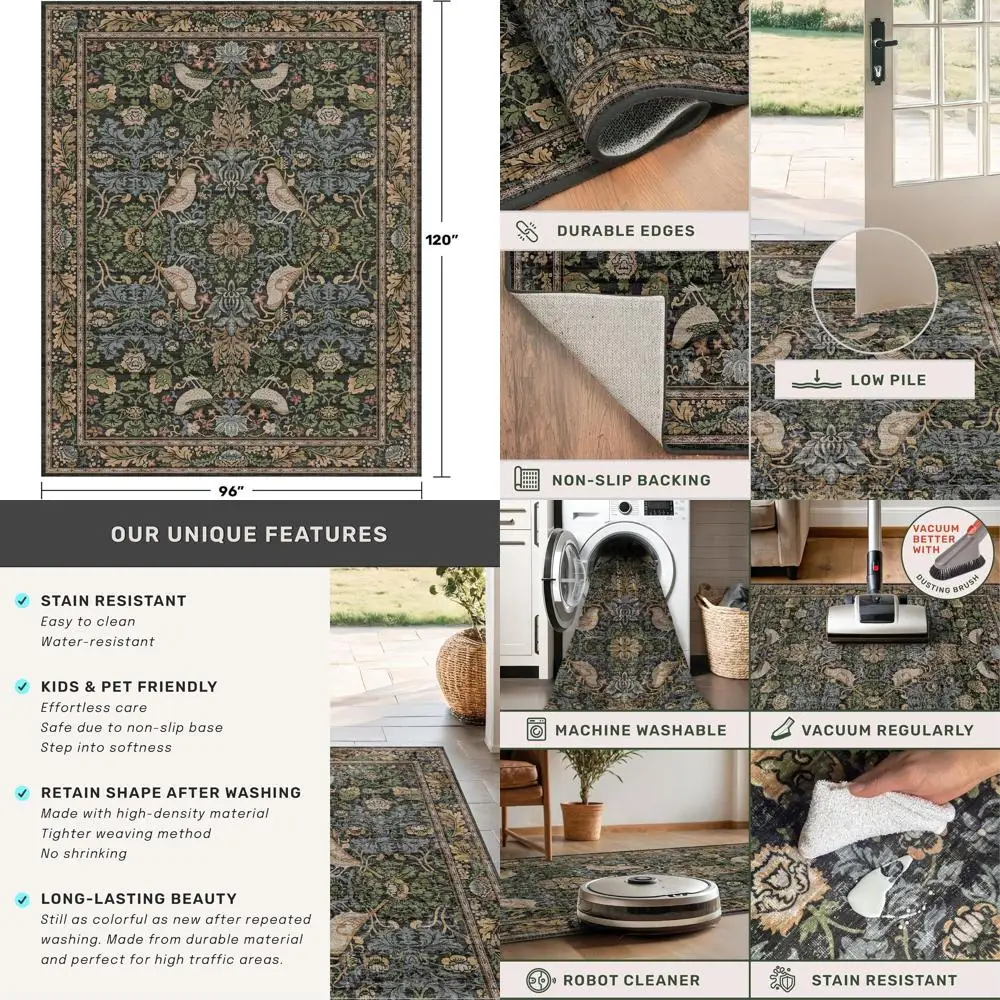 Large 8x10 Washable Floral Area Rug - Dark Green/Brown, Non-Slip, Suitable for Dining, Bedroom, Office
Large 8x10 Washable Floral Area Rug - Dark Green/Brown, Non-Slip, Suitable for Dining, Bedroom, Office