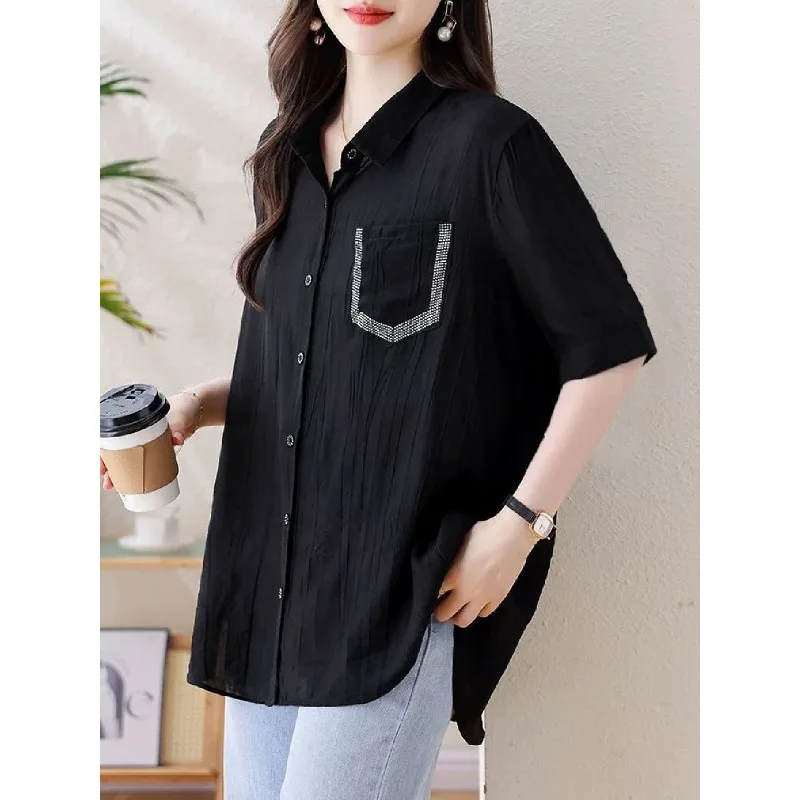 Women's Plus Size Black Short Sleeve Shirt Rhinestone Pocket Loose Casual Summer Top
Women's Plus Size Black Short Sleeve Shirt Rhinestone Pocket Loose Casual Summer Top