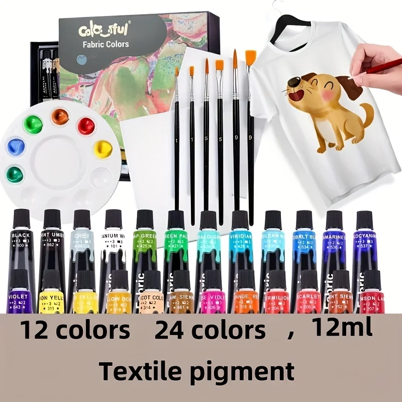Textile pigment 12/24 color, 12ML/0.40oz, suitable for clothing, shoes and canvas diy professional paint
Textile pigment 12/24 color, 12ML/0.40oz, suitable for clothing, shoes and canvas diy professional paint