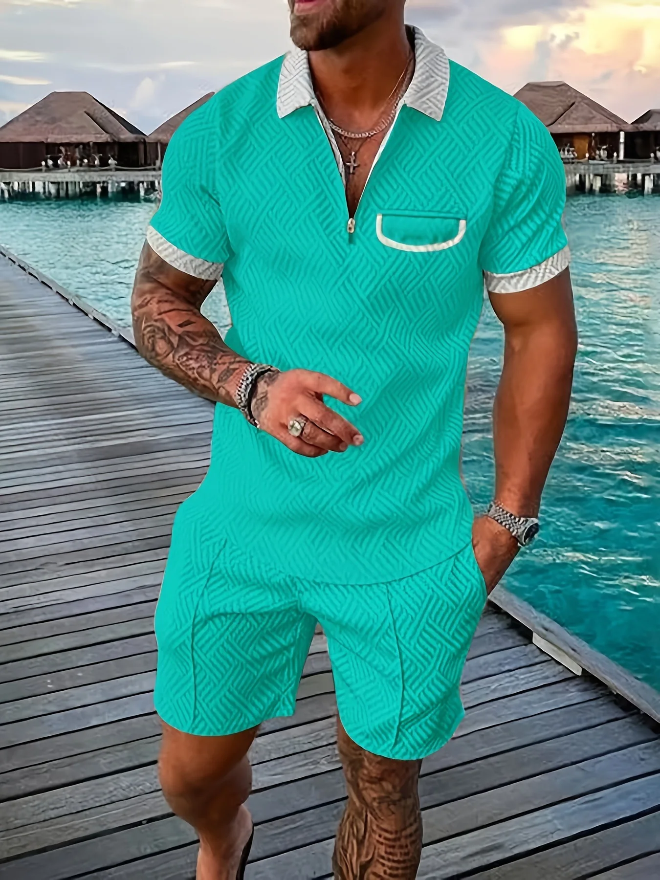 European and American Men's new Summer short-sleeved sets - Beach pure-color striped pocket lapel sets
European and American Men's new Summer short-sleeved sets - Beach pure-color striped pocket lapel sets