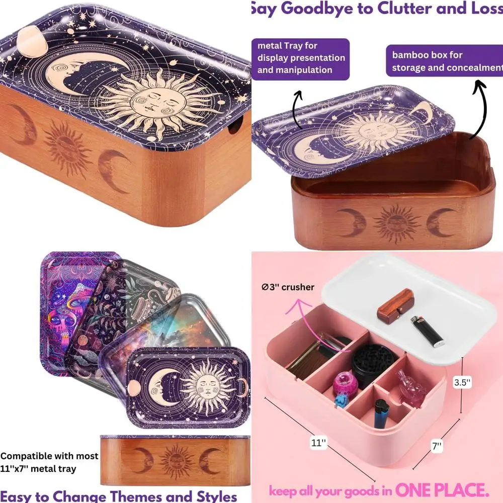 Compact Wooden Storage Box with Metal Tray for Rolling Accessories, 11x7x3.5 Inches
Compact Wooden Storage Box with Metal Tray for Rolling Accessories, 11x7x3.5 Inches