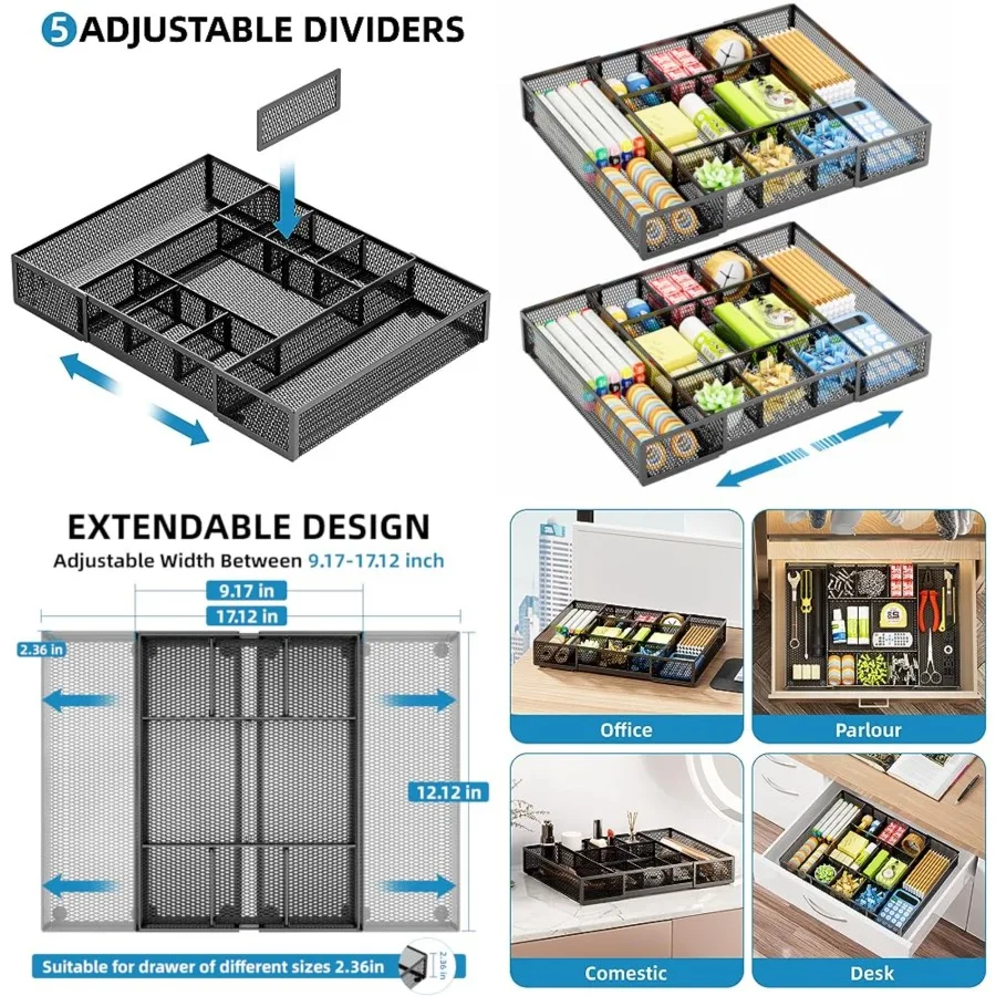 Expandable Desk Drawer Organizer, Mesh Drawer Organizer Tray with 10 Adjustable Compartments, Desk Organizers and Accessories f
Expandable Desk Drawer Organizer, Mesh Drawer Organizer Tray with 10 Adjustable Compartments, Desk Organizers and Accessories f