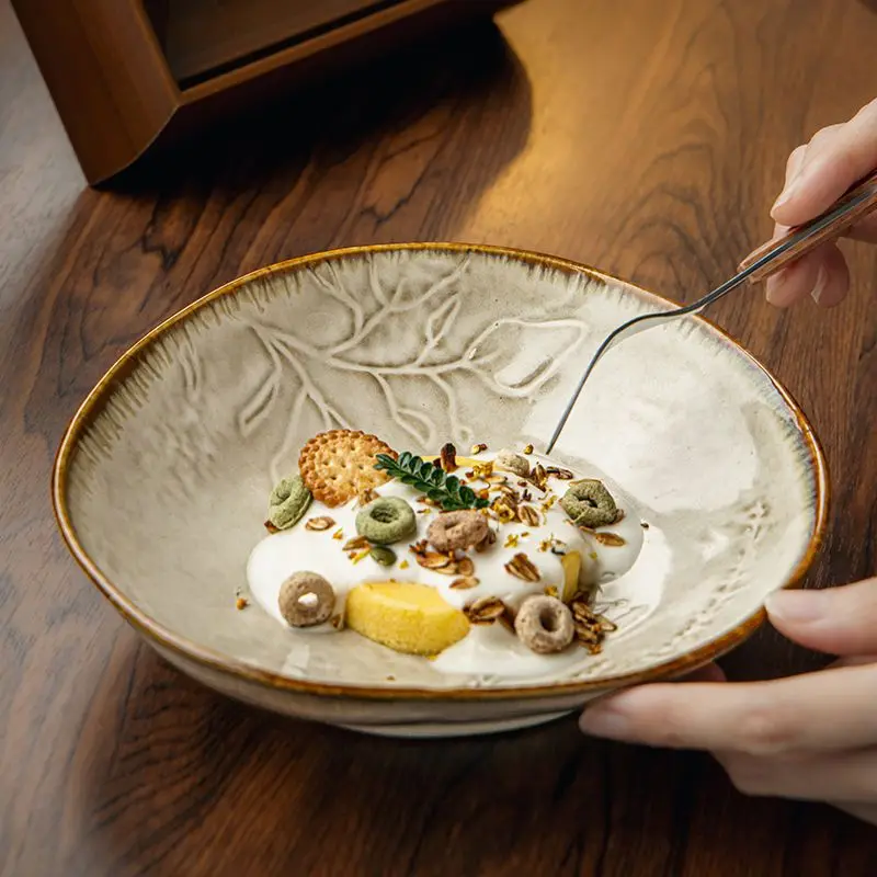 High Aesthetic Deep Dish Commercial Ceramic Salad Plate Irregular Vintage Nostalgia 8 Inch Ceramics Rice Tray Ready to Eat Plate
High Aesthetic Deep Dish Commercial Ceramic Salad Plate Irregular Vintage Nostalgia 8 Inch Ceramics Rice Tray Ready to Eat Plate