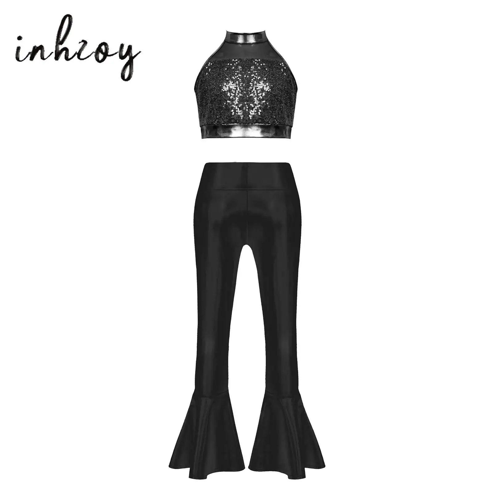 Girls Sequins Jazz Latin Dance Outfits Halter Crop Top with Metallic Flare Pants for Salsa Samba Rumba Cheerleading Performance
Girls Sequins Jazz Latin Dance Outfits Halter Crop Top with Metallic Flare Pants for Salsa Samba Rumba Cheerleading Performance