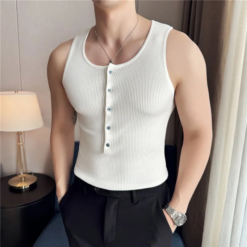 Knitted Textured Button Decoration Tank Top High Quality Korean Luxury Slim Fit Round Neck Elastic Sleeveless Gym Vest Mens Tees
Knitted Textured Button Decoration Tank Top High Quality Korean Luxury Slim Fit Round Neck Elastic Sleeveless Gym Vest Mens Tees